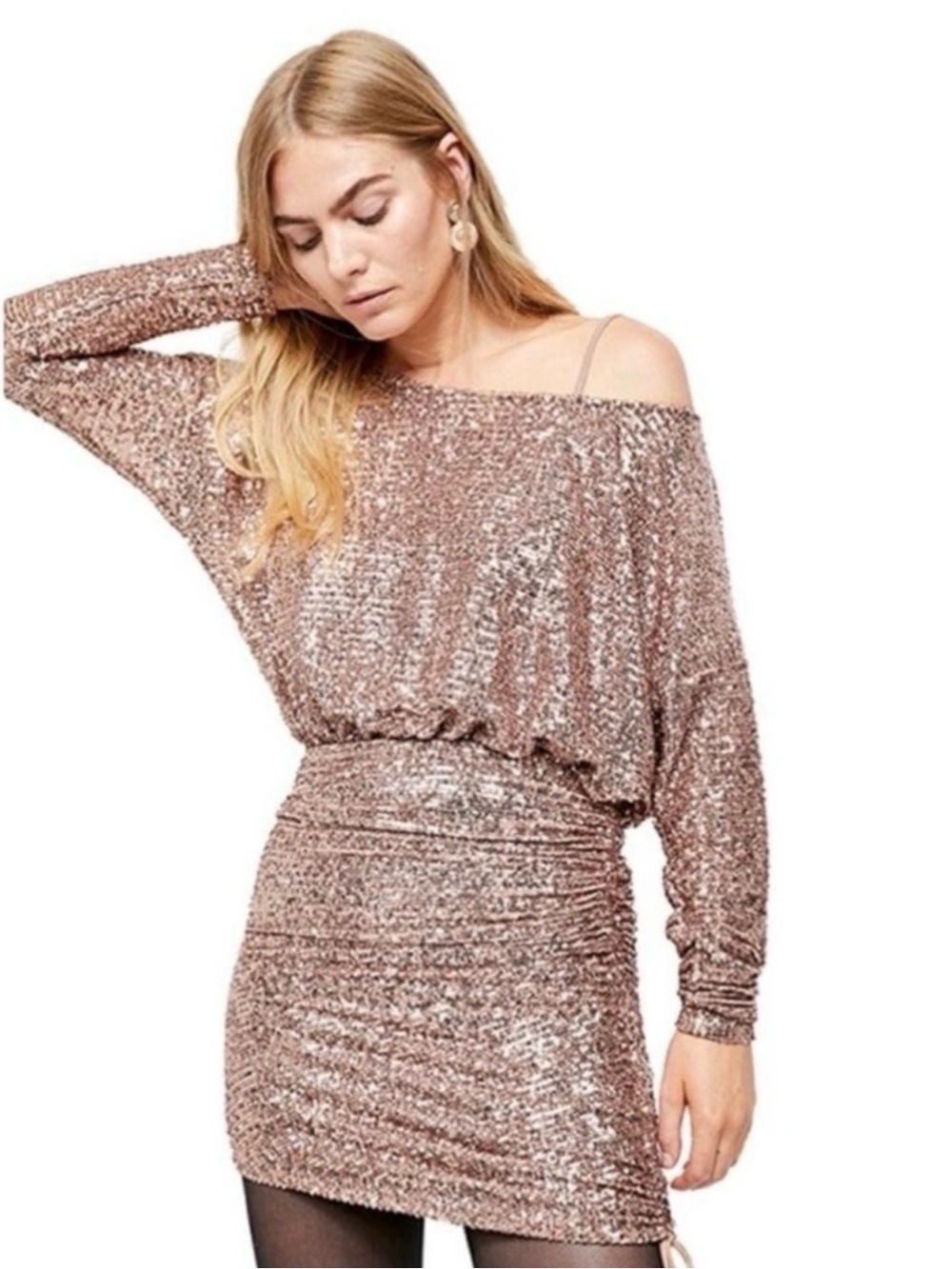 Free People Giselle Rose Gold Sequin Ruched One Shoulder Mini Dress XS